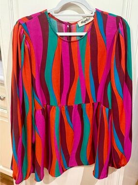 Haptics Vibrant Multi-Color Wave Print Long-Sleeve Blouse